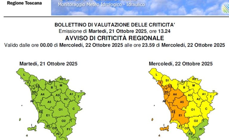Allerta arancio per temporali e rischio idrogeologico/idraulico dalla mezzanotte di oggi, per 24 ore