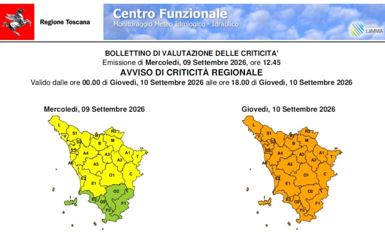 Allerta arancione per forti temporali con rischio idrogeologico/idraulico
